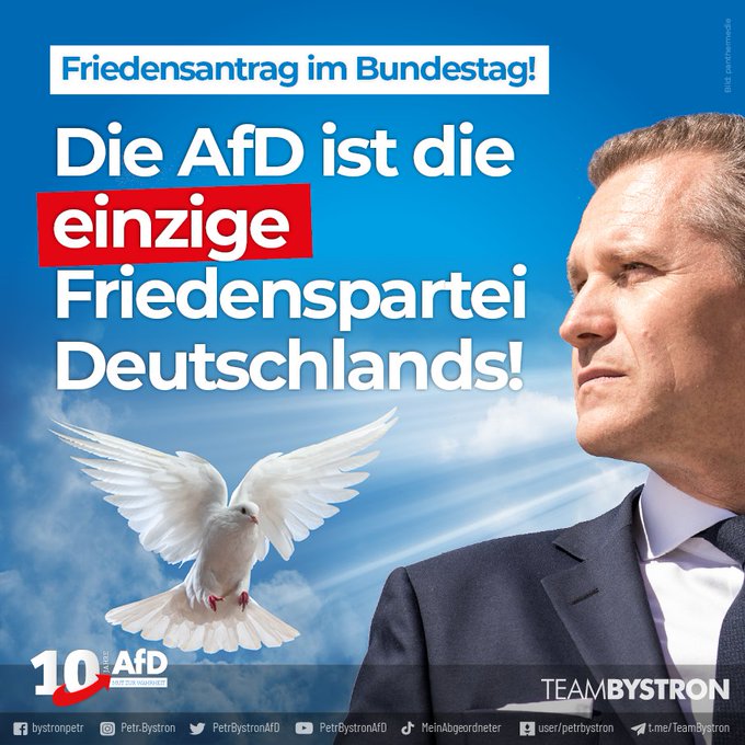 #Chrupalla zeigte sich Heute, bei #Maischberger, als würdiger #AfD-Bundessprecher 👍

Jeder der sich Frieden für Europa wünscht hat gesehen, dass die #AfD die richtige Alternative ist.

Die Umfragewerte der AfD werden auf jeden Fall weiter steigen 😎