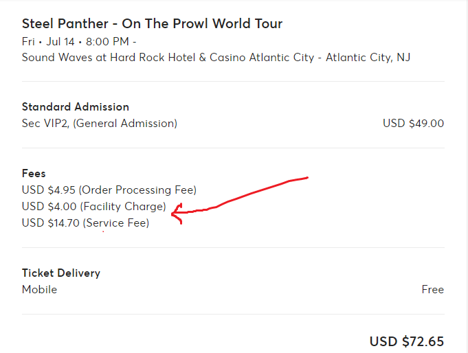 TomDiNardo's tweet photo. Check out these OUTRAGEOUS FEES! This is why average people can't afford to go to concerts anymore! Look at this! $49.00 ticket. And then $23.65 in fees! Are you effin' kidding me?!

#ConcertPrices #HandlingFees #Concerts #MusicEvents #TicketGouging #SteelPanther #OnTheProwl https://t.co/5eUF0OSAHo