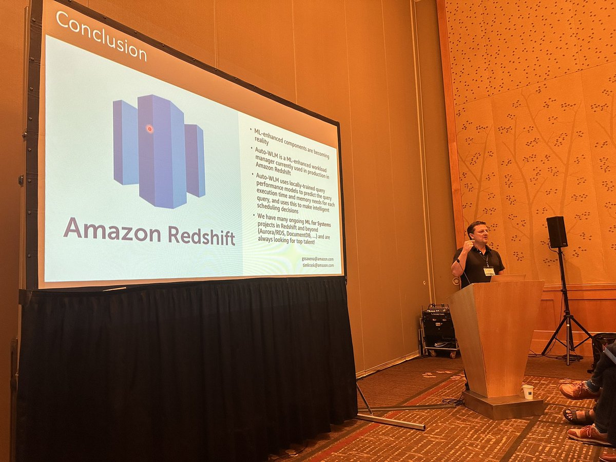 Hippotas's tweet image. @tim_kraska and @gsaxena81 present in a packed room Amazon Redshift’s AutoWLM component, one of industry’s first ML applications in the datapath of query processing, and the differences between research and industrial application of MLSys. Really nice talk!

#sigmod23