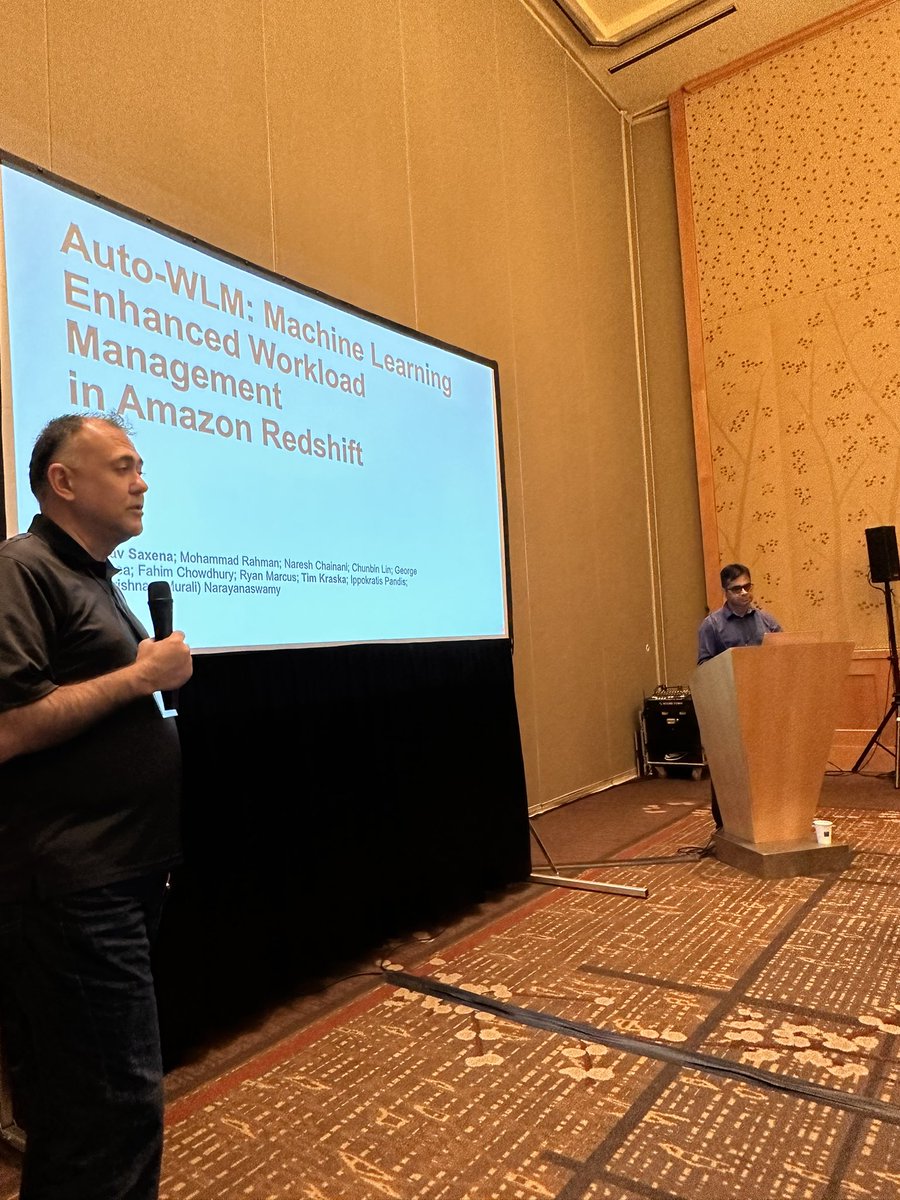 Hippotas's tweet image. @tim_kraska and @gsaxena81 present in a packed room Amazon Redshift’s AutoWLM component, one of industry’s first ML applications in the datapath of query processing, and the differences between research and industrial application of MLSys. Really nice talk!

#sigmod23