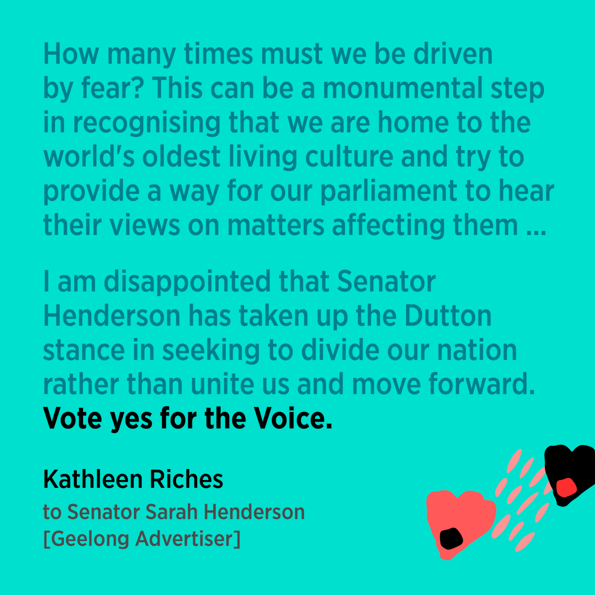 Kathleen Riches:
How many times must we be driven by fear? 
This can be a monumental step in recognising that we are home to the world's oldest living culture  ...
#FactsNotFear
#VoteYesAustralia
#Yes23 #VoiceToParliament
#YesUluru #UluruStatement #Uluru