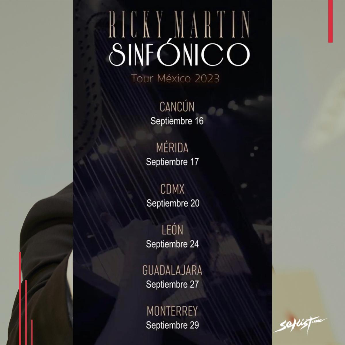 #NuevoShow 

#RickyMartin "Sinfónico" anuncia gira por México.

El cantante boricua dará 6 fechas con orquesta sinfónica.

🗓16/SEP -- Cancún
🗓17/SEP -- MÉR
🗓20/SEP -- CDMX 
🗓24/SEP -- LEÓN 
🗓27/SEP -- GDL
🗓29/SEP -- MTY 

Presentado por: <a href="/AlacranE360/">AlacranEnterteinment</a> 
<a href="/Musicvibe_mx/">Music vibe mx</a>