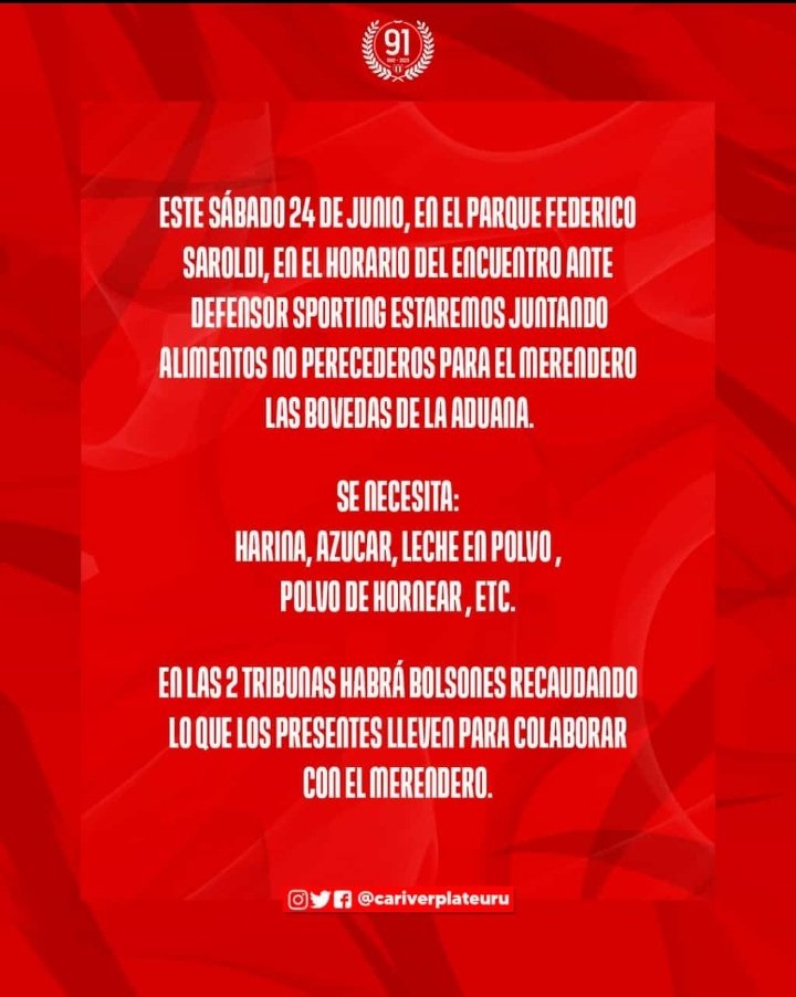 Para quienes vayan al Saroldi el sábado, se juntaran alimentos no perecederos en las tribunas de <a href="/cariverplateuru/">C. A. River Plate</a> y <a href="/DefensorSp/">Defensor Sporting</a> para colaborar con el merendero Las Bovédas 👇