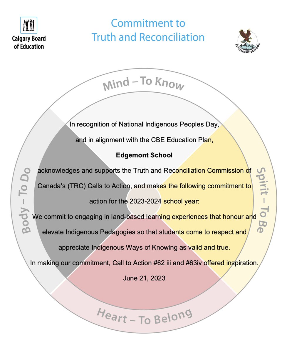 EdgemontCBE's tweet photo. In honour of National Indigenous People's Day we are proud to renew our commitment to the TRC calls to action. @CbeArea1 @Indigenous_cbe #WeAreCBE https://t.co/KzbRGFXyu7