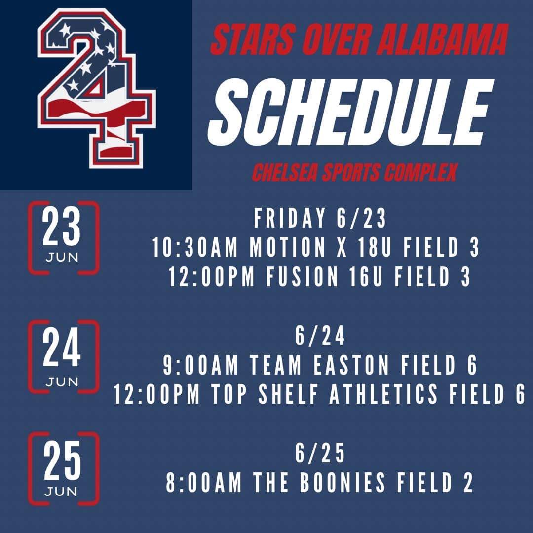 CFJohnson2024's tweet photo. Our Schedule for Stars Over Alabama this weekend! @UNASoftball @cbu_softball @SoftballSewanee @JoelWorthington https://t.co/KZxg0FLnee