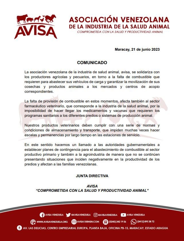 Comunicado oficial de la Asociación Venezolana de la Industria de Salud Animal sobre la situación que está atravesando los productos del sector agrícola y pecuario.

#AVISAVenezuela #Agroalimentación #Agricultura #Pecuaria #ProducciónAnimal #Venezuela