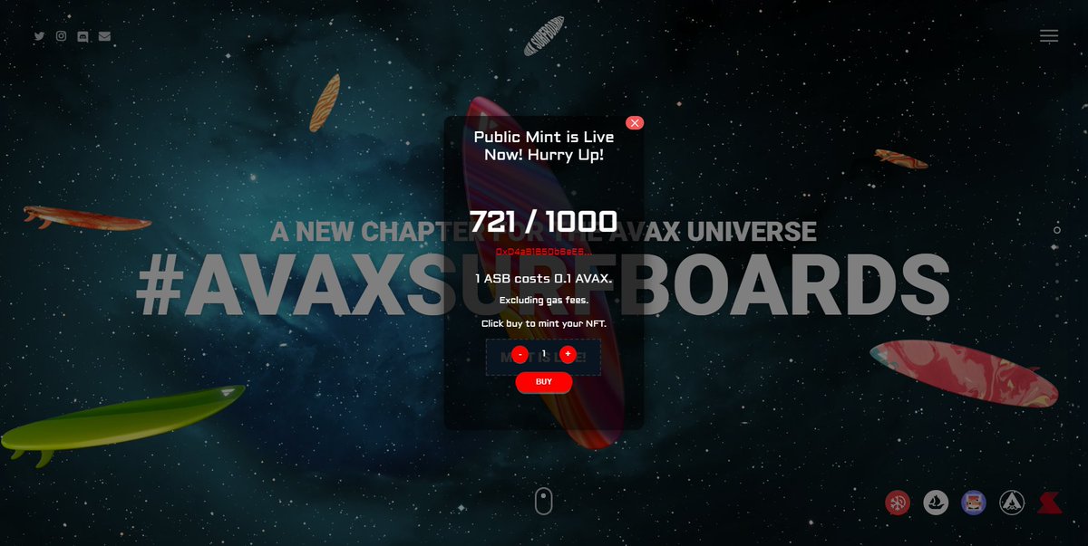BlodiesNFT's tweet photo. The #AvaxSurfBoards Mint is ongoing. The Mint fee is currently 0.1 Avax, but it will soon increase to 0.3 #Avax. Don't miss out on this opportunity. Only 279 AvaxSurfBoards remain for the Mint. Don't miss out!

Mint Now: https://t.co/x2nXBua0jg https://t.co/HSGsVLDLVn