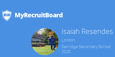 2025 Isaiah Resendes 
<a href="/Resendez3xt/">Isaiah A. Resendes</a>
London, Ontario
Oakridge secondary school
<a href="/WakeFB/">Wake Forest Football</a>
5'10", 140, 4.7
WR SS  
 myrecruitboard.com/#/athlete/e70d…