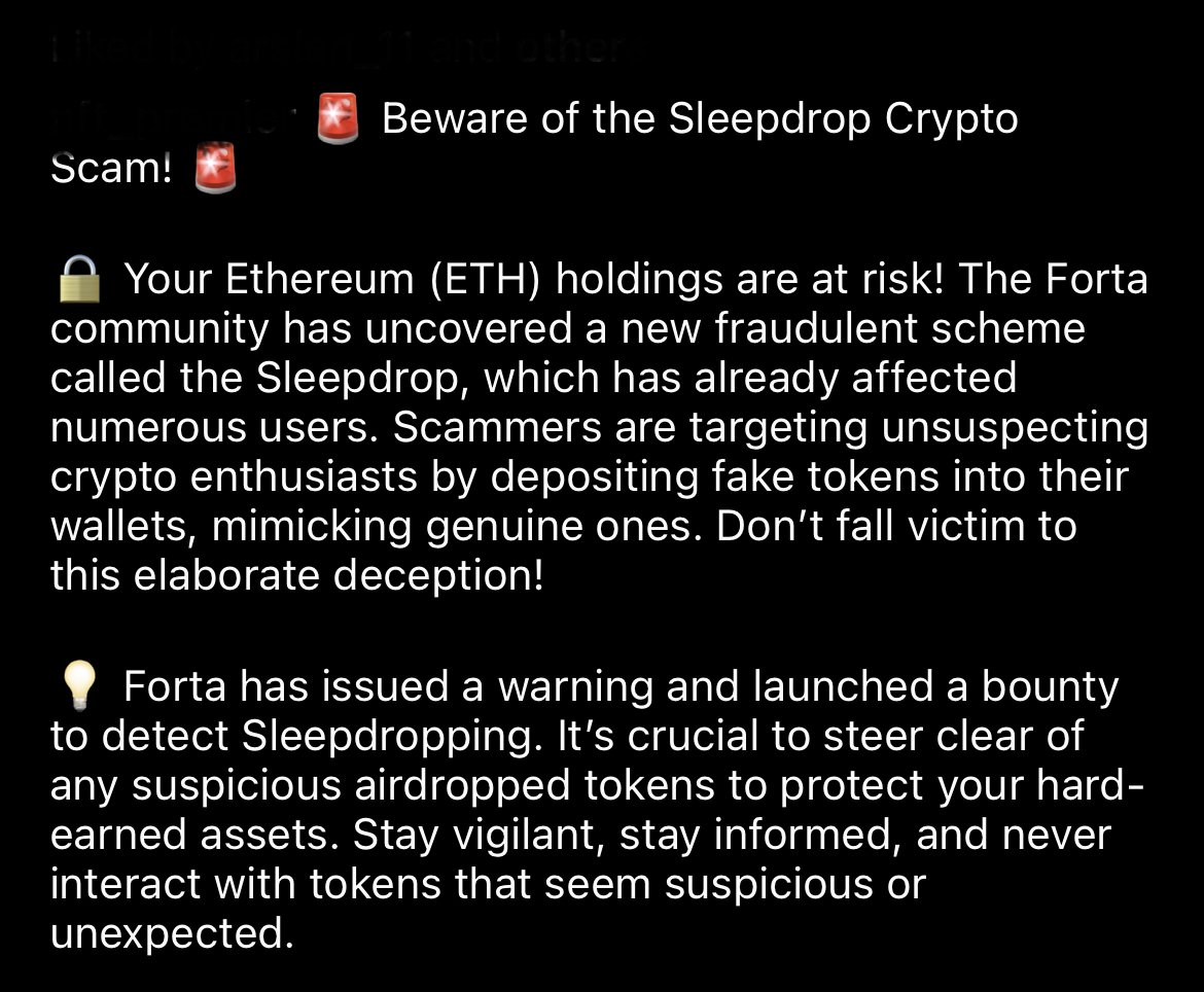 FlipGuardAlerts's tweet photo. 🚨🚨Beware of random token airdrops that have the same name as legitimate tokens. Scammers are trying to trick people into interacting with fake tokens which drain funds.

Always verify the contract address with the legitimate project and read the contract prior to accepting it. https://t.co/s4vrSnPHw4