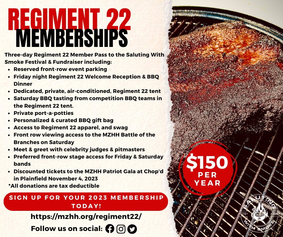 Interested in an exclusive VIP experience at our SWS event in Sept?

To sign up: mzhh.org/regiment22/ 

#SalutingwithSmoke #Regiment22Member #Veterans #Donations