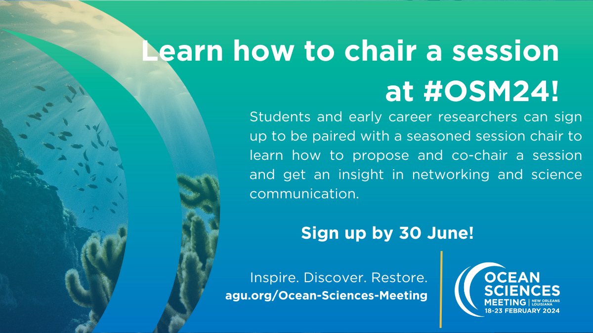 Learn how to chair a session at #OSM24, the flagship conference for the ocean sciences and the larger ocean-connected community! Sign up here by 30 June: forms.agu.org/osm-chair-coac…