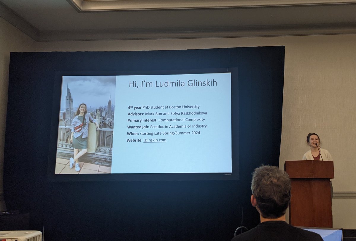 lglinskih's tweet image. Today I gave a 2 minutes long talk at #STOC2023 about myself and my research interests.

Shortly: I love complexity and I need a new job starting May 2024. Pls, hire me!