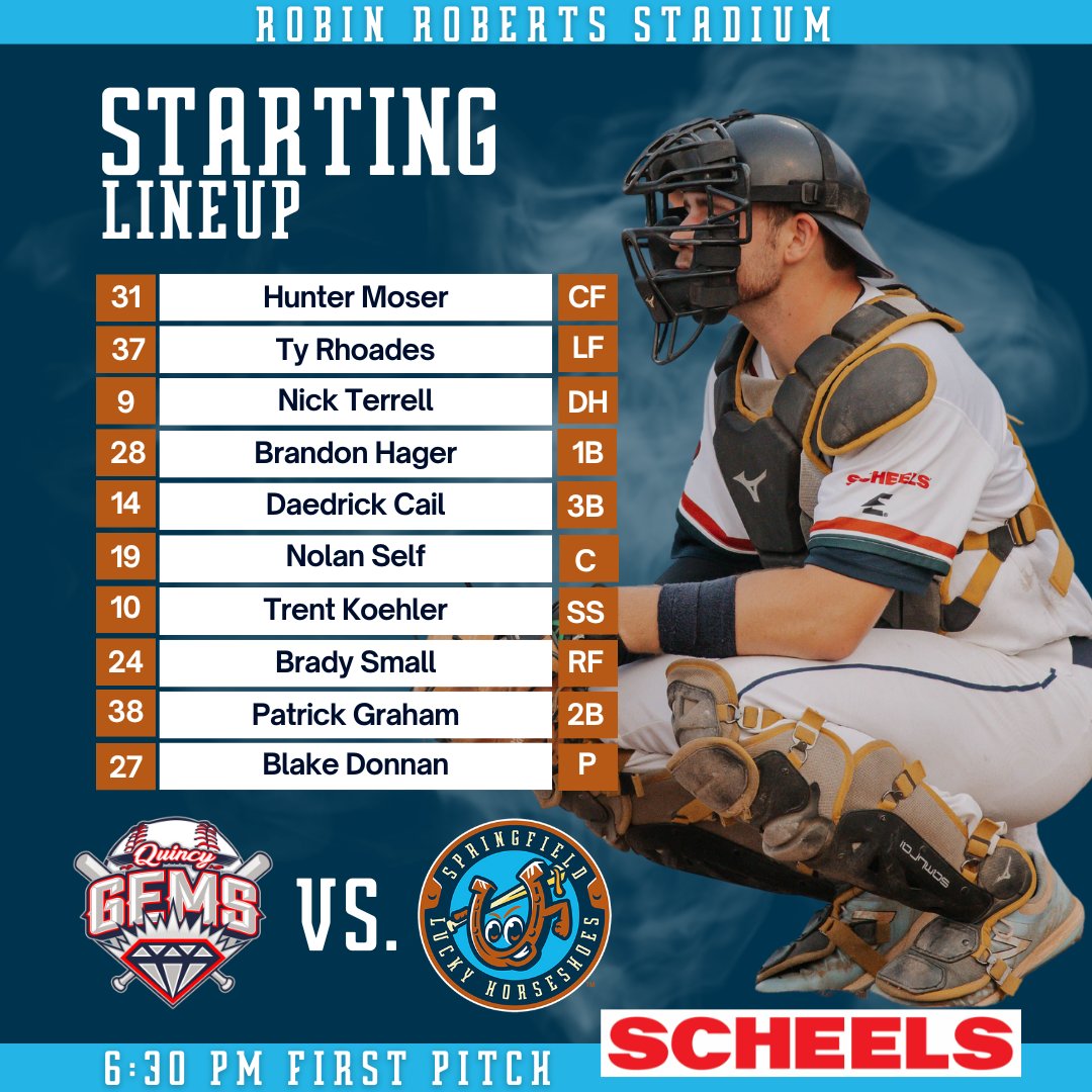 GO 'SHOES!

Here is your starting lineup for Wednesday night's game against the Quincy Gems, presented by Scheels!

📍: Robin Roberts Stadium
⏰: 6:30 PM
📺: prospectleague.com/stretch