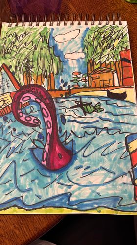 One of our Week 2 campers Ella Rae (age 9) sent us this amazing drawing today of our legendary Giant Squid in the lake! From her mom, she "drew this rendition of the “Giant Squid” including Hannah’s Hut, the canoes, view of campsite 3, and the blob all from memory." How awesome!