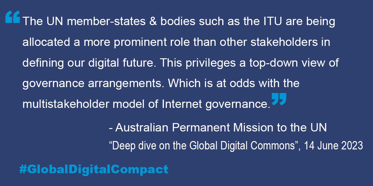 During the deep dive on Global Digital Commons at the UN on 14 June, the @AustraliaUN made a statement on challenges to the multistakeholder model. #globaldigitalcompact #ICANN #governmentengagement #Internet