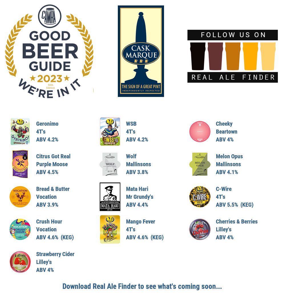 On the bar today!
Beer Board: bit.ly/32Sqwmy
#goodbeerguide @CAMRA_Official @caskmarque @4tsbrewery @BeartownBrewery @PurpleMooseBrew @Mallinsons @vocationbrewery @MrGrundysBrewer @lilleyscider 
#RealAleFinder