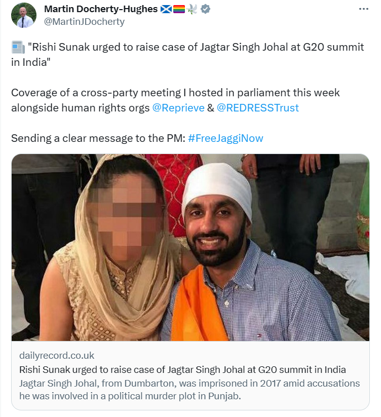 A UK Parliament meeting held by @MartinJDocherty with the @FreeJaggiNow team, @Reprieve and @REDRESSTrust saw Prime Minister Rishi Sunak urged to raise the plight Sikh political prisoner #JagtarSinghJohal at the upcoming G20 summit.

Read-
dailyrecord.co.uk/news/politics/…

#FreeJaggiNow