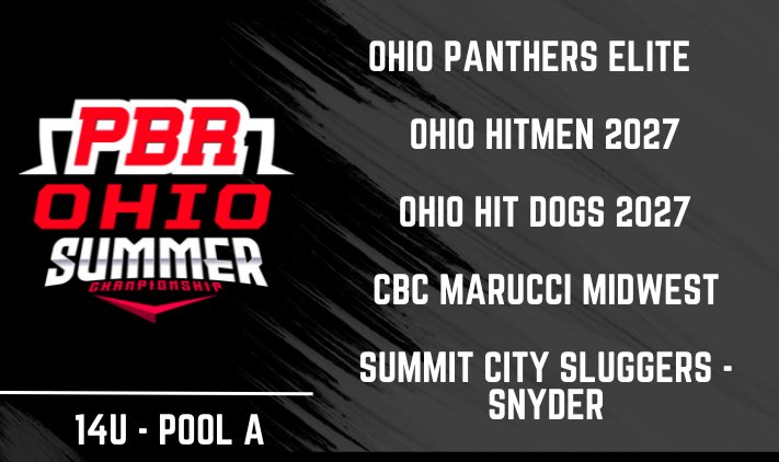 👀 Big weekend ahead in Columbus for the PBR Ohio Summer Championship of the.

Check out the battle in 14U Pool A:

Ohio Panthers Elite
<a href="/HitmenOhio/">Ohio Hitmen Baseball</a>
Ohio Hit Dogs 2027
<a href="/CBCMidwest2027/">CBC Marucci Midwest 2027</a> 
<a href="/scsluggers/">Summit City Sluggers</a> 

Check out the complete schedule 👉 tinyurl.com/3nnd7t57