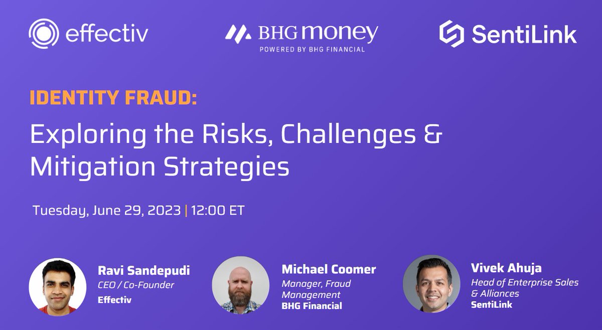 Register now to attend this live webinar next week with identityfraud experts who will explore the risks, current challenges and evolving strategies to stop fraudsters.  

Join these experts from Effectiv, @SentiLink & @BHGfinancial.

Register here: us06web.zoom.us/webinar/regist…