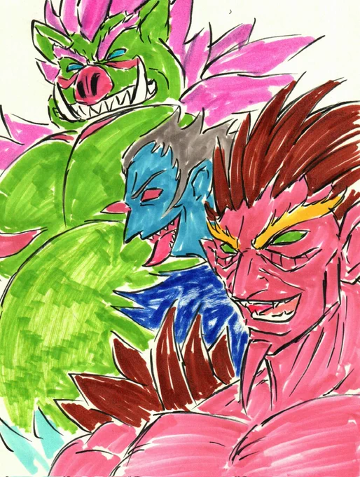 #プリキュア版深夜の真剣お絵描き60分一本勝負 出勤前の時間外参加。 6月17日お題「スイプリ」映画の、メイジャーランド初のアイドルグループ。 個人的にこの3人は、「ハウリングの手下」とゆーより「アフロディテ様の下僕」とゆーイメージ。