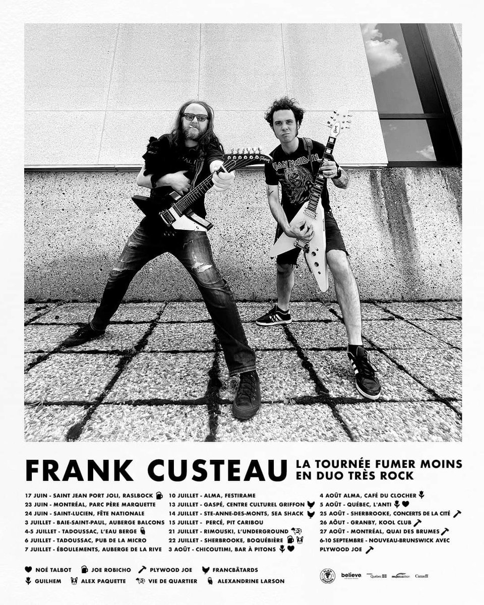 tourlink.to/frankcusteau
Du rock, de la route, de l'amitié, des rencontres, des topes mais moins que l'été passé. En duo très rock avec Antoine Tony Auger ! Merci Alex Paquette <a href="/slamdisques/">Slam Disques</a>  pour le magnifique booking. Merci Zoé Touchette pour l'affiche et la photo ❤️
Bon été 🥳