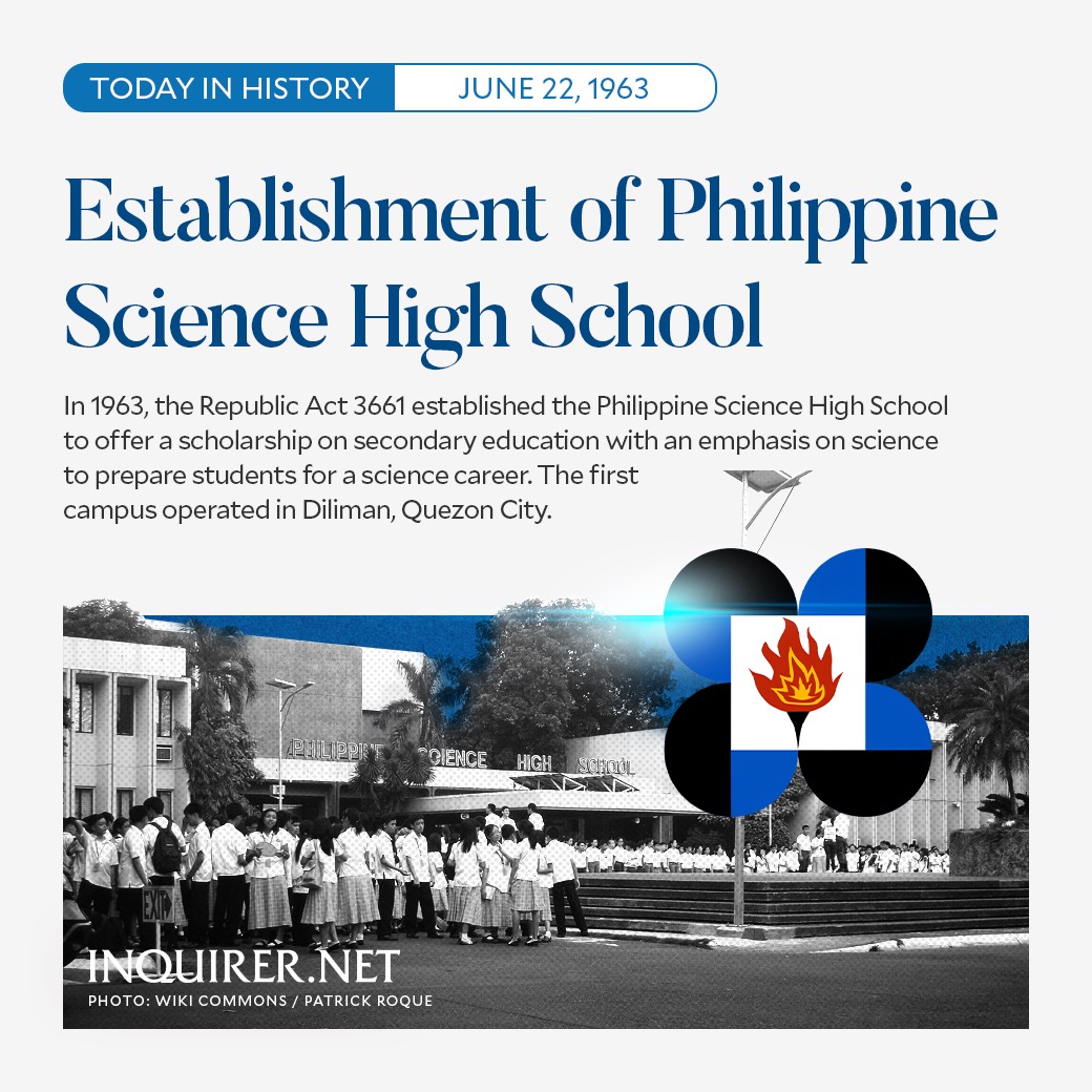 #TodayInHistory 

On this day in 1963, the Philippine Science High School was created by Republic Ac 3661. It formally opened on Sept. 5, 1964, with an initial enrollment of 119 scholars.