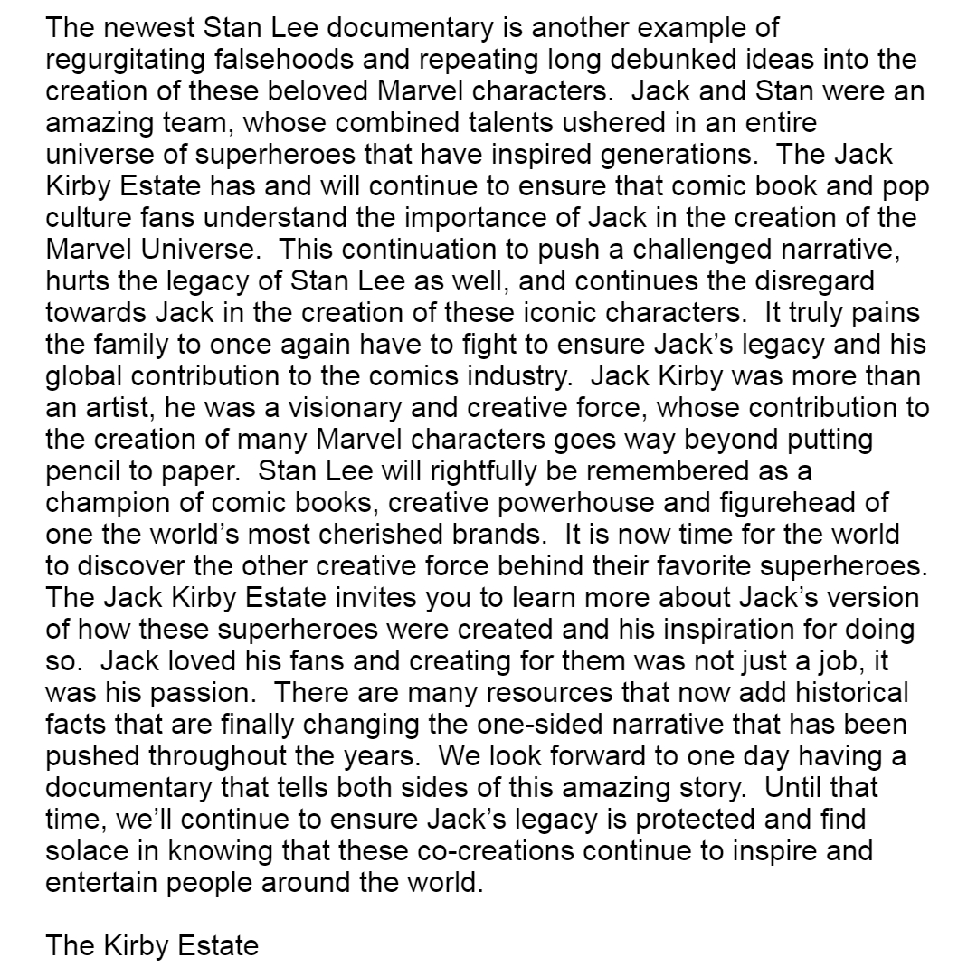Jeremy Kirby (Grandson of Jack Kirby) on Twitter "Official response