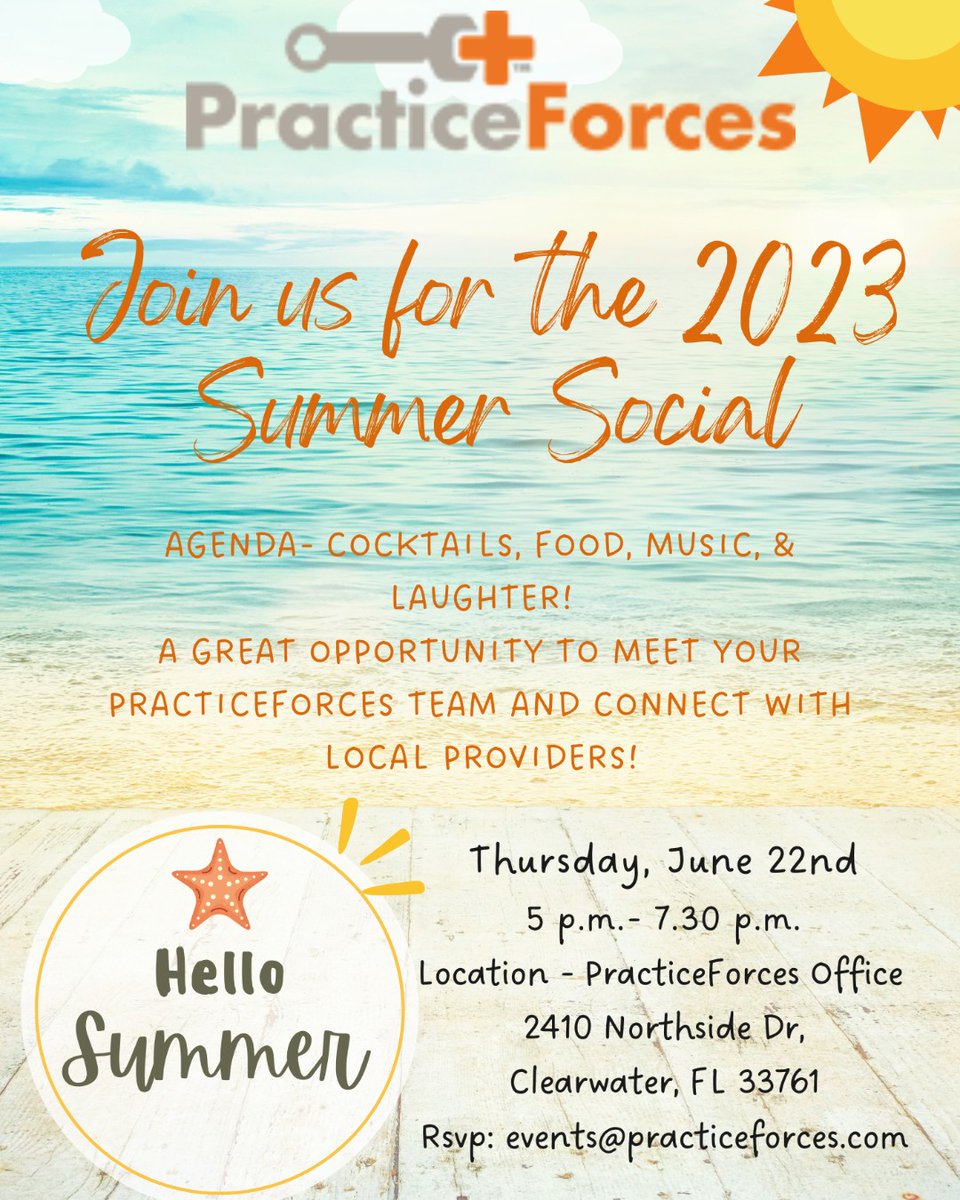 practiceforces's tweet image. Join us for the 2023 summer social

Thursday, June 22nd
5pm ET - 7pm ET 
PracticeForces office 2410 Northside Dr, Clearwater, FL 33761

RSVP - events@practiceforces.com

#BestmedicalbillingcompanyFlorida
#outsourcedmedicalbillingUSA
#medicalcodingoutsourcing