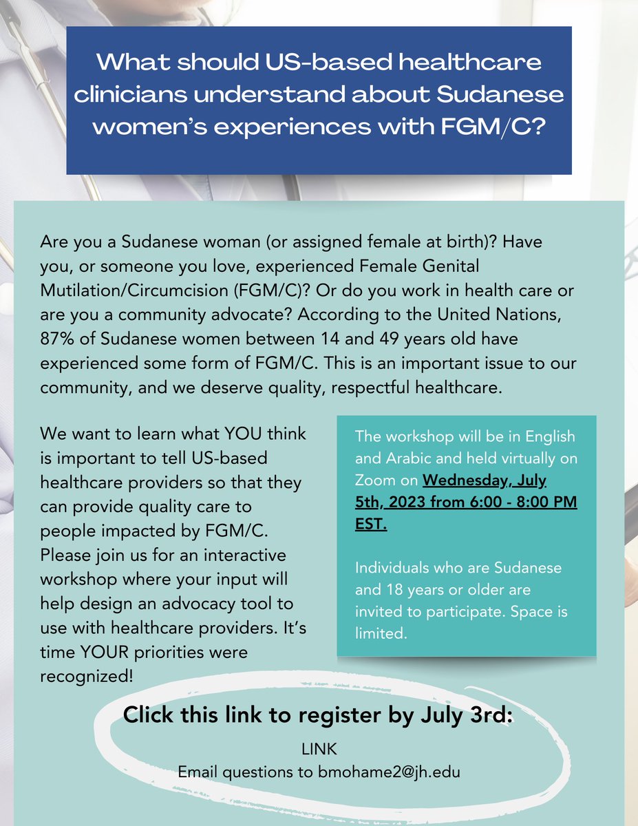 What should US-based healthcare clinicians understand about Sudanese’s women’s experiences with FGM/C?

Register by July 3rd: lnkd.in/dgrgyFGz #sudan #fgm 

Please share widely!