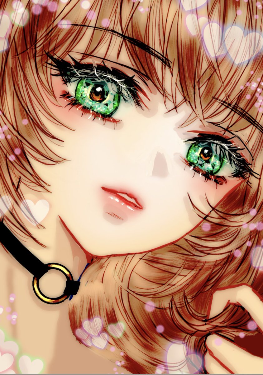 1girl green eyes solo brown hair choker parted lips portrait  illustration images