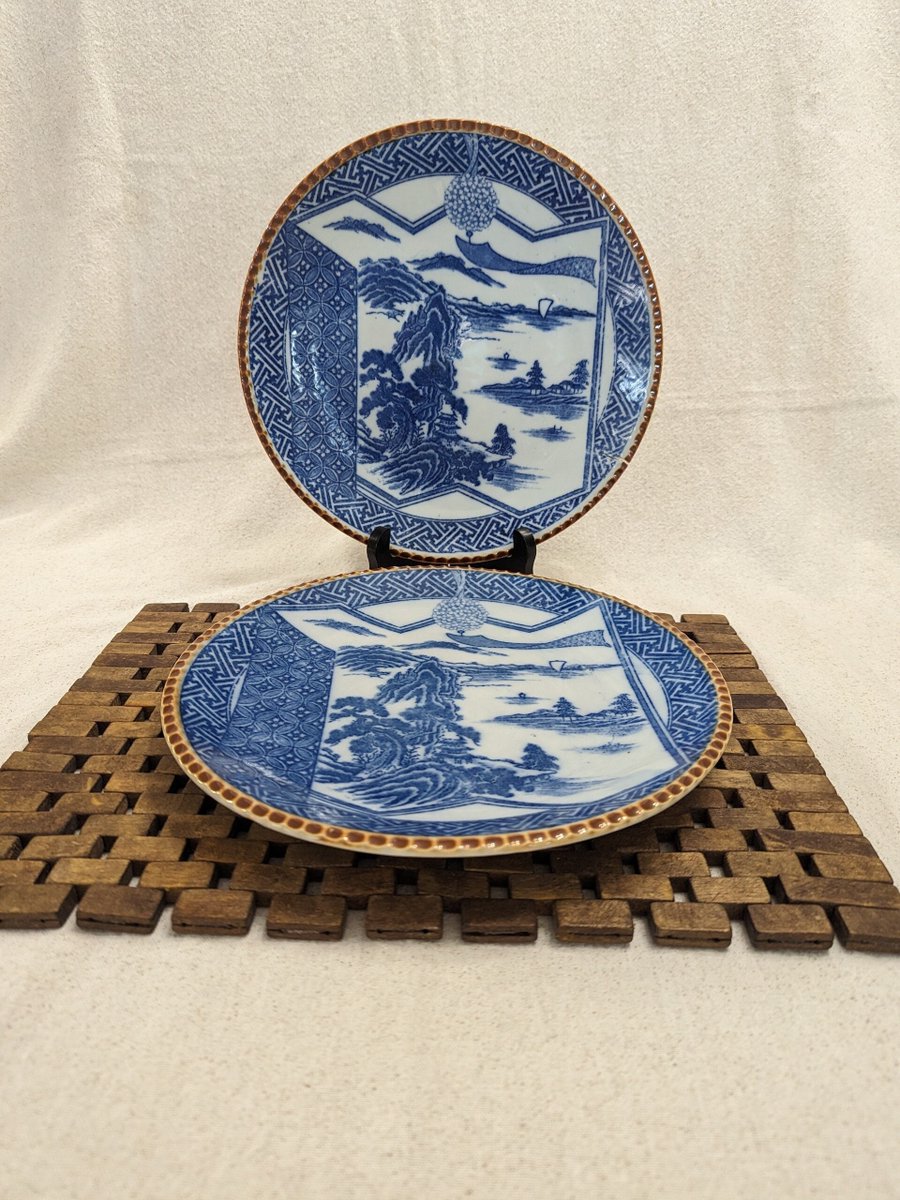 Japanese Pie Crust Plates - Set of 2 - 10 1/4' in diameter - Village Scene, Boats, Water, Florals, Circles, T-Bar Pattern - Transferware etsy.me/44bv0Bx #blue #white #japaneseporcelain #japaneseplates #porcelainplate #igezaraplates #piecrustedgeplate #etsy