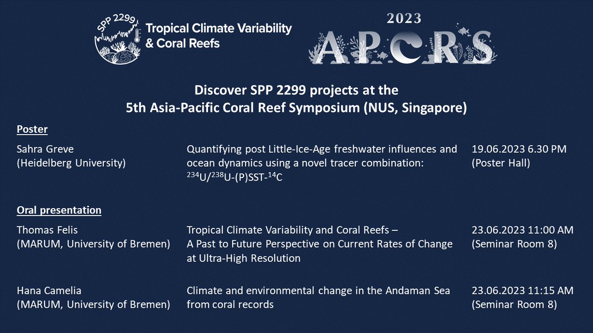 Tropical Climate Variability & Coral Reefs SPP2299 (@climatereefs) on Twitter photo If you are at <a href="/apcrs2023/">APCRS2023</a> in Singapore and want to know more about <a href="/ClimateReefs/">Tropical Climate Variability & Coral Reefs SPP2299</a> research, don't miss talks on Friday by <a href="/Thomas_Felis/">Dr. Thomas Felis</a> at 11.00AM on stress signals in coral geochemical records and <a href="/_hcamelia/">Hana Camelia</a> at 11.15AM on coral climate reconstructions in the Andaman Sea in SR8. If you are at <a href="/apcrs2023/">APCRS2023</a> in Singapore and want to know more about <a href="/ClimateReefs/">Tropical Climate Variability & Coral Reefs SPP2299</a> research, don't miss talks on Friday by <a href="/Thomas_Felis/">Dr. Thomas Felis</a> at 11.00AM on stress signals in coral geochemical records and <a href="/_hcamelia/">Hana Camelia</a> at 11.15AM on coral climate reconstructions in the Andaman Sea in SR8.