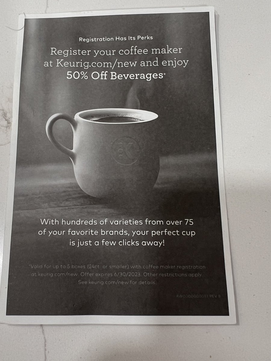 devanmarie's tweet image. Hey @Keurig, we bought a machine and got this along with it, but when I registered my machine, I only got a 15% off discount. Kind of upset. Is there anyway you can fix this? Thanks so much. 🤗