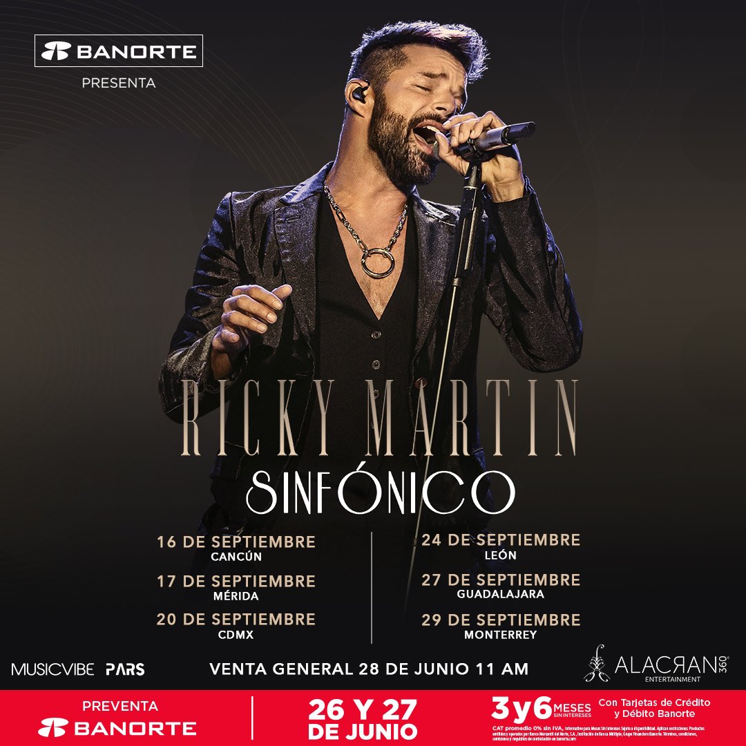 🇲🇽 “Ricky Martin Sinfónico: Tour México 2023” con sus más grandes éxitos: 

16 de Septiembre - Cancún
17 de Septiembre - Mérida
20 de Septiembre - CDMX
24 de Septiembre - León
27 de Septiembre - Guadalajara
29 de Septiembre - Monterrey

<a href="/ricky_martin/">Ricky Martin</a> #Concierto #CDMX