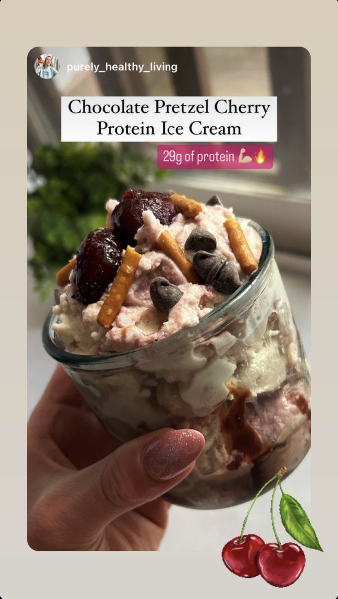 Chocolate Pretzel Cherry Protein Ice Cream!

Ingredients
Base
* 1 1/2 cup (350 ml) of organic milk
* 1 tsp of vanilla extract
* 1 scoop of Happy Way Popcorn Time Vegan Protein (happymaria for discount)
* 1/3 cup of RxSugar alullose (MARIA20 for discount)
Mix-Ins
* 1/4 cup of