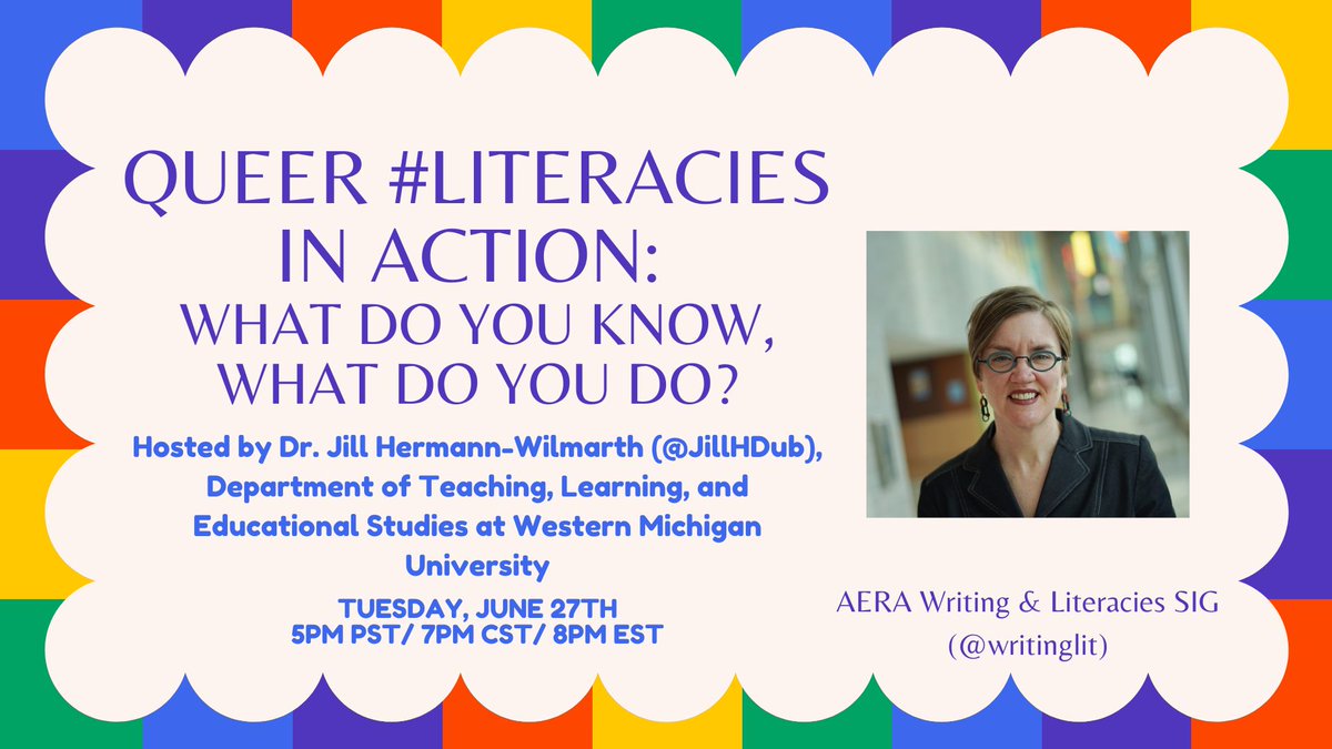 Mark your calendars for Tuesday's chat: Queer #Literacies in Action: What Do You Know, What Do You Do? With @JillHDub at 06/27  5:00-6pm PT/ 8-9pm ET. We hope to see you there!