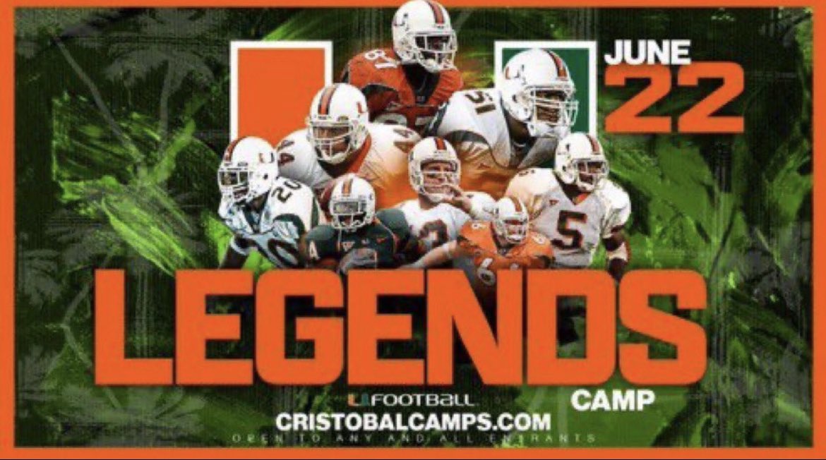 Excited to be in Coral Gables tomorrow for @CanesFootball Legends Camp! #TheU #GoCanes ✋🏽🤚🏽
