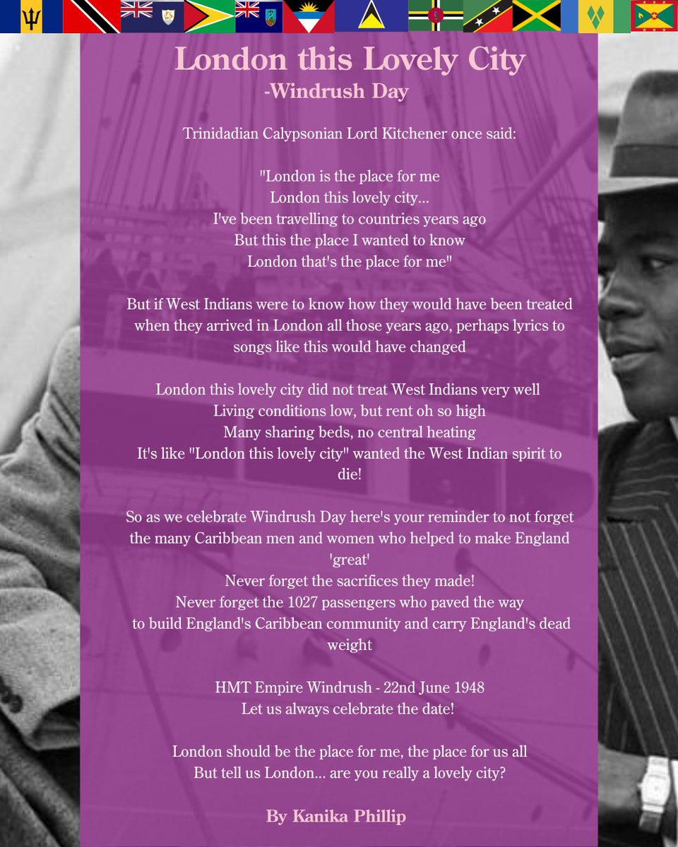k_zarahfelicia's tweet photo. London this Lovely City!💜
Today marks the 75th anniversary of the arrival of the Windrush.
#Poetry #WindrushDay #lordkitchener https://t.co/UHCx1SkdpV