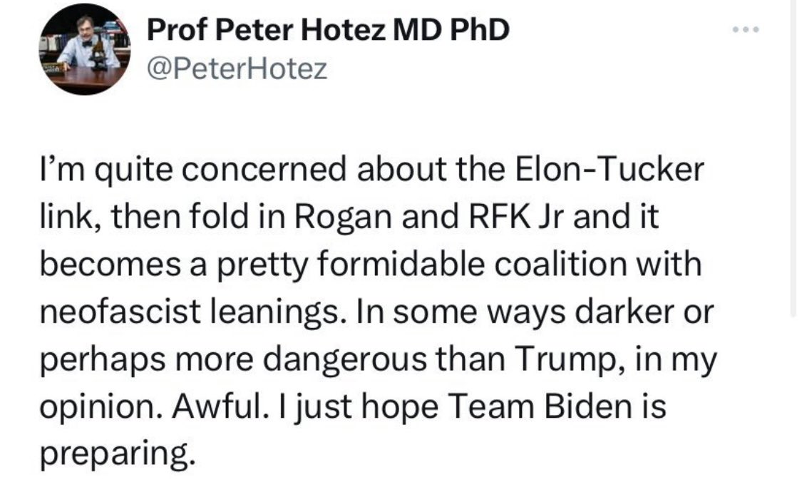 vonbrauckmann's tweet photo. @atRachelGilmore The harassment was vicious &amp; included words like “offer to debate for $100,000” and “respectful and congenial”. You forgot the part earlier when Dr White Labcoat called Musk Rogan &amp; Kennedy neofascists. (All 3 of them voted for Biden by the way) Rachel you’re playing a clown now. https://t.co/DzC7Qp0nwD