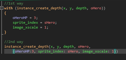 In coding you can't go anywhere without tricks
Here are 2 ways to add variable values to the object you create👇

Think 2 way better because the variables don't need to be initialized in the "create" event all of them are assigned before the event is executed
#Gamemaker #devlife