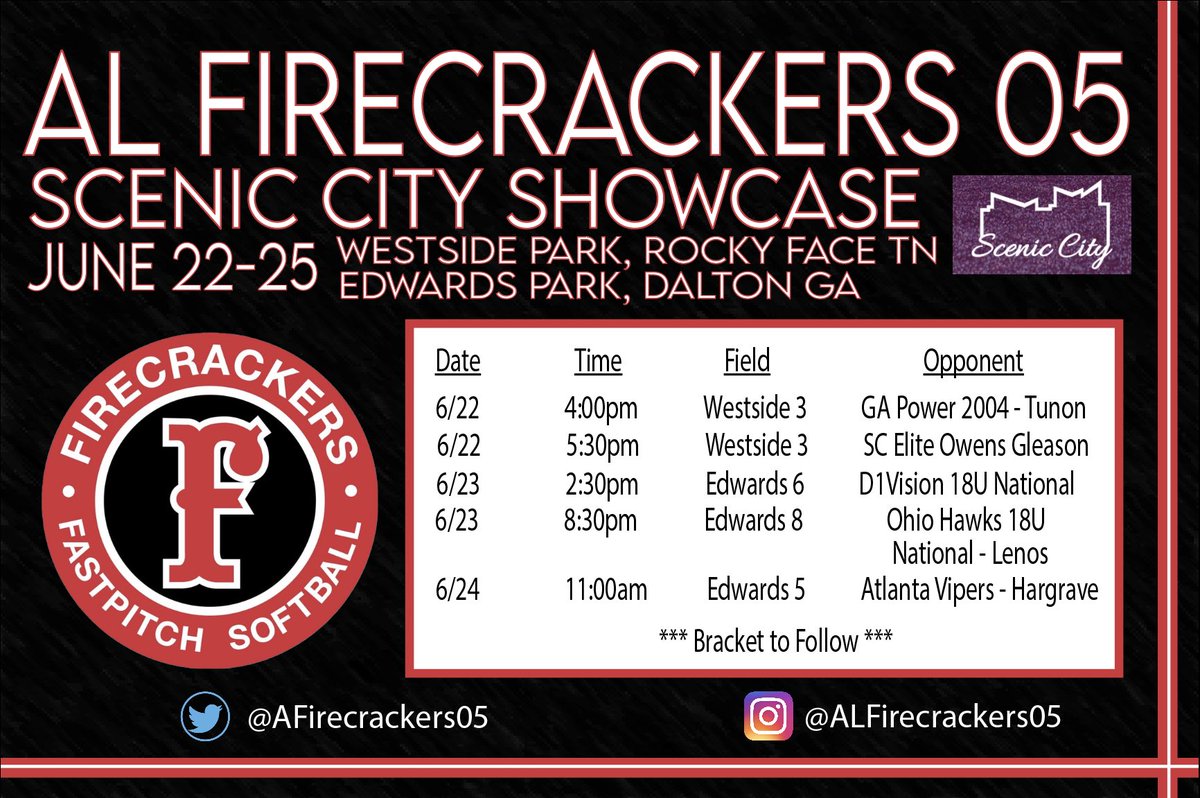 🧨🧨🧨SCHEDULE DROP🧨🧨🧨 Time for some Firecrackers softball! Hopefully the weather will cooperate <a href="/ConnectSports_/">Connect Sports</a> #ScenicCity2023.