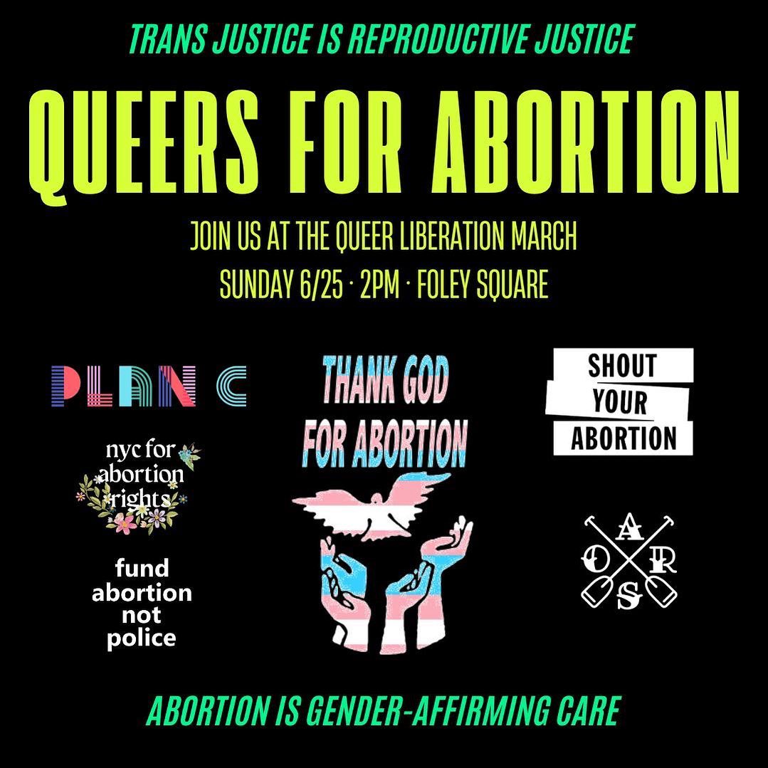 Join us in NYC this Sunday, June 25th, at 2pm for the Queers For Abortion march! 🔥🔥

We will be marching alongside our friends at @nycforabortionrights @shoutyourabortion @oarsquad @thankgodforabortion @fundabortionnotpolice

See you there! 🕊💫💫💥
