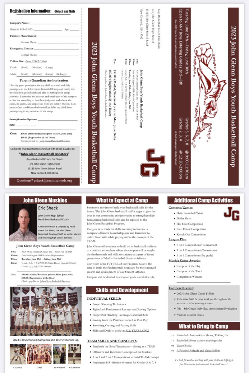John Glenn Boys Basketball Camp starts Tuesday, June 27 at the Middle School. Get those Little Muskies registered ASAP.