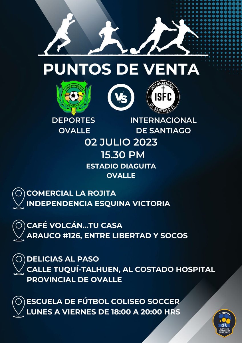 🟢 NO FALTES 🟢

Domingo 2 de Julio a las 15:30 hrs. en el Estadio Diaguita, iniciamos nuestra participación en el Torneo Liga Proyección 2023.

Previamente jugarán las Categorías  de nuestra Escuela Escuela de Fútbol y se presentarán Los Condenados.

¡Entradas ya disponibles!