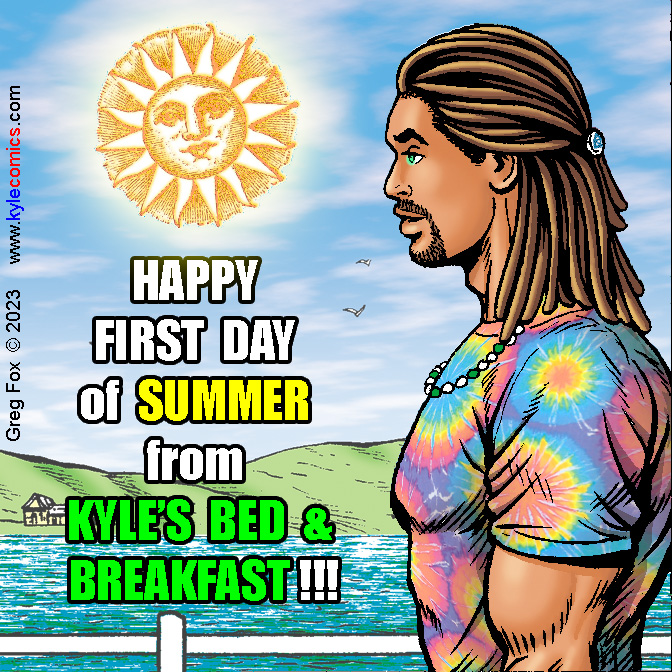 Happy First Day of Summer!!! 🦋🌿🌞🧃⛱🌊🍉🦩🌴🐚🍍#GregFox #kylesbnb #FirstDayofSummer #1stDayofSummer #SummerSolstice #Summer2023 #webcomic #gay #gayart #queer #gaycomics #lgbtqcomics #bara #lgbtqart #webcomics #indiecomics #webcomicseries #gaycomicstrip #gaycomicstrips