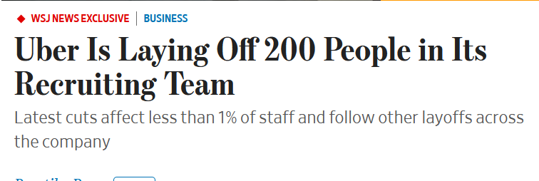 As I said in my newsletter today, companies realize they can be on a "permanent hiring freeze" due to gains from AI. 

Uber is laying off 1/3rd of their recruiting team...  another event to support my theory?
