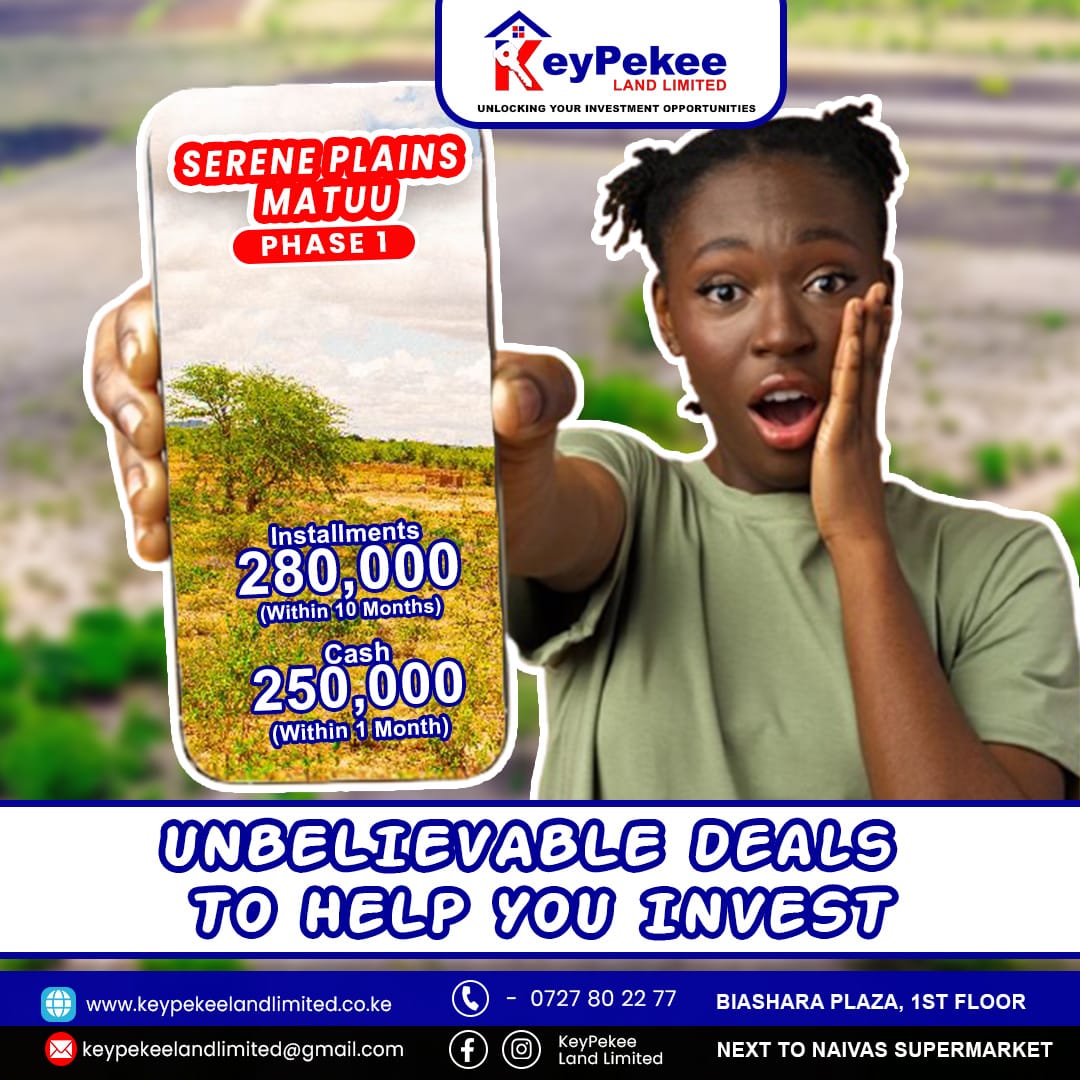 KeypekeeLand's tweet photo. Are you looking for a chance to own a plot at the most flexible payment terms?We are here to help you out. We have the best land for sale deal in Matuu where you can place a deposit of Kshs 50,000 for a 50 by 100 plot and clear the balance in 10 months
#184MPS #Titanic #Naivasha https://t.co/4RqB1M489M