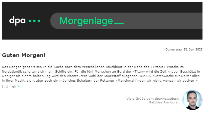 dpa's tweet photo. Guten Morgen! Heute top bei @dpa: Internationaler Gipfel ringt um Klimaschutz und Armutsbekämpfung | Bahngewerkschaft berät über Streik nach Abbruch der Tarifgespräche | Sauerstoff nahe Null: Hoffnung für «Titanic»-Abenteurer schwindet | DWD: Hagel und Tornados erwartet (mda) https://t.co/GDj8MGCeQx