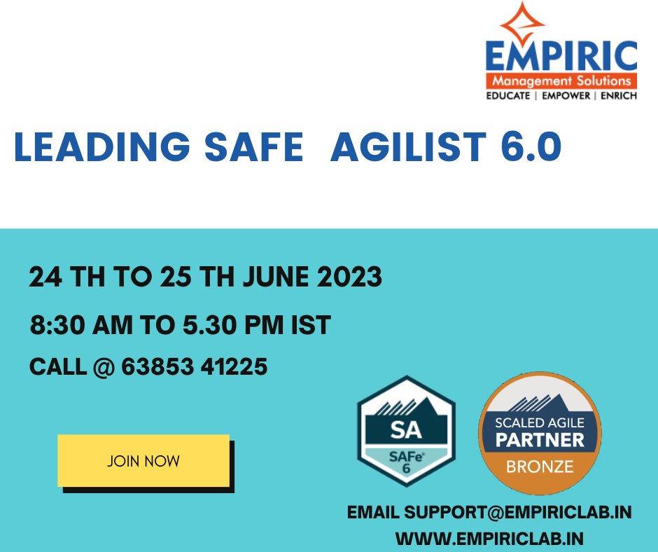 Leading SAFe Agilist (SA) 6.0,For more details about our upcoming training visit: empiriclab.in/leading-safe/ Call  +91-6385341225 #safe #safeagile #safeagilist #scaledagileframework #ScaledAgile #onlinetrainings #scrummaster #startup #Training #event #Online #SAFe @KotiBhavanam