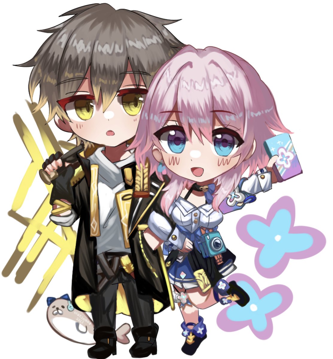 1girl 1boy chibi pink hair jacket blue eyes black jacket  illustration images